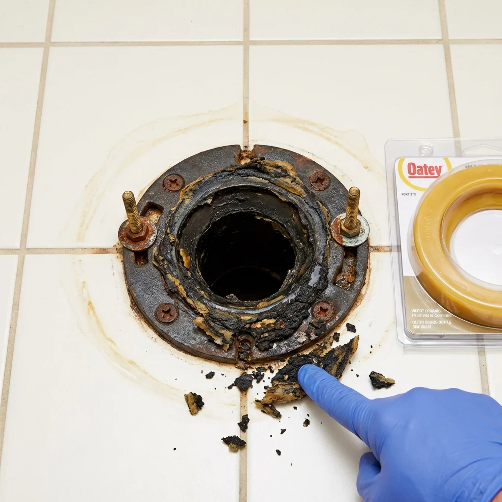 Failed wax ring showing water seepage at the base of a toilet in a Berwick, ME home