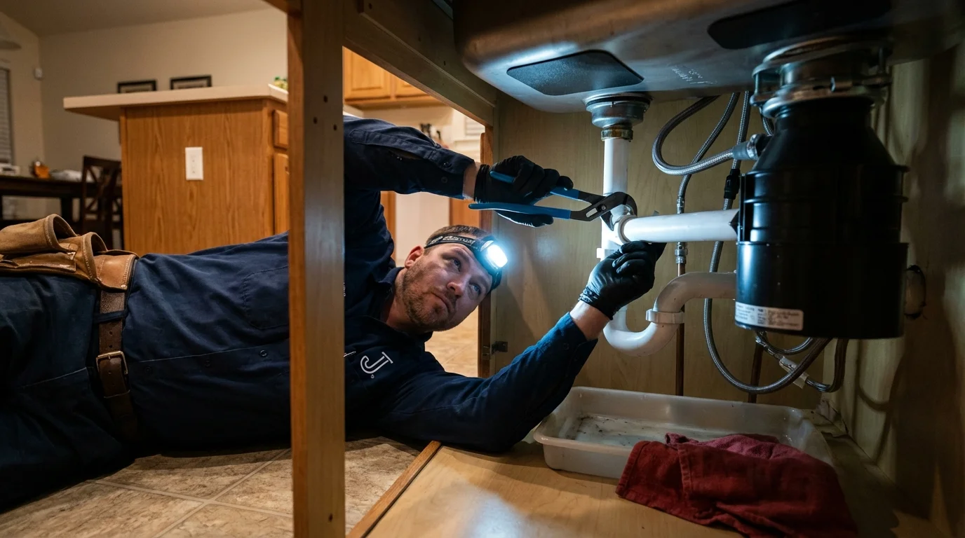 P-trap and supply line connections under a kitchen sink showing a common leak point in Berwick, ME